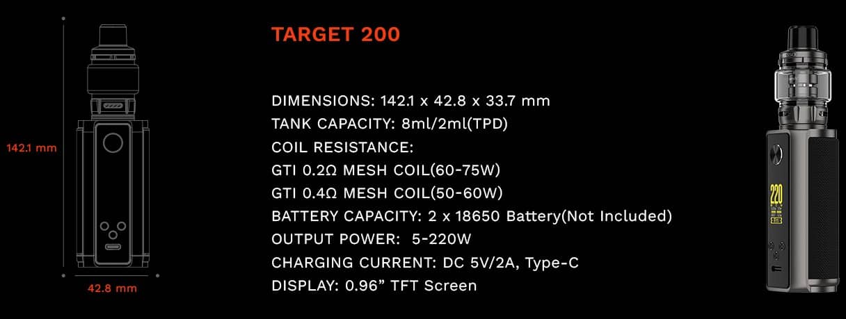 Vaporesso Target 200 Kit Carbon Black Info