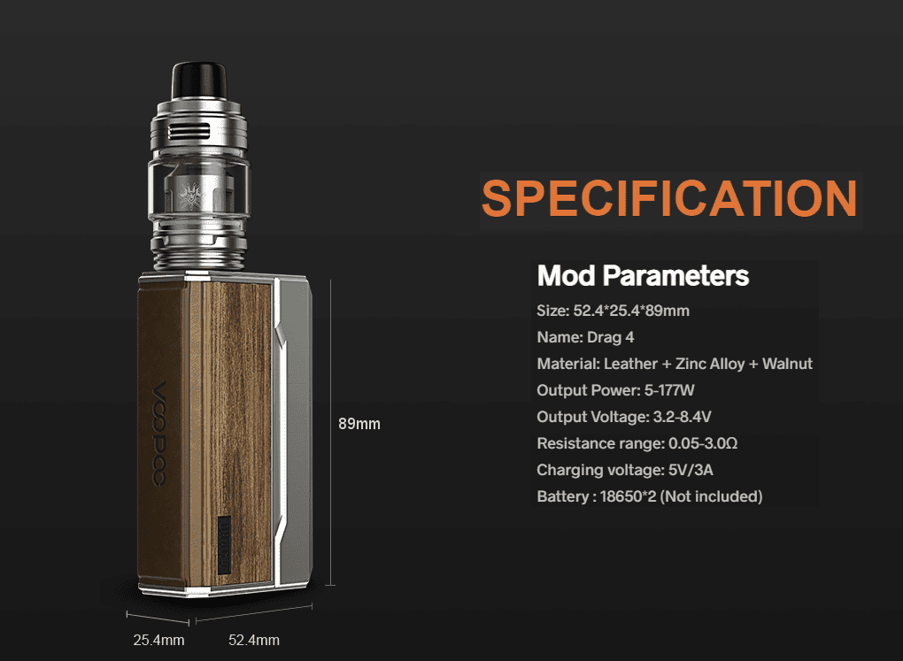 Voopoo Drag 4 177W Mod Pale Gold Walnut Info Size