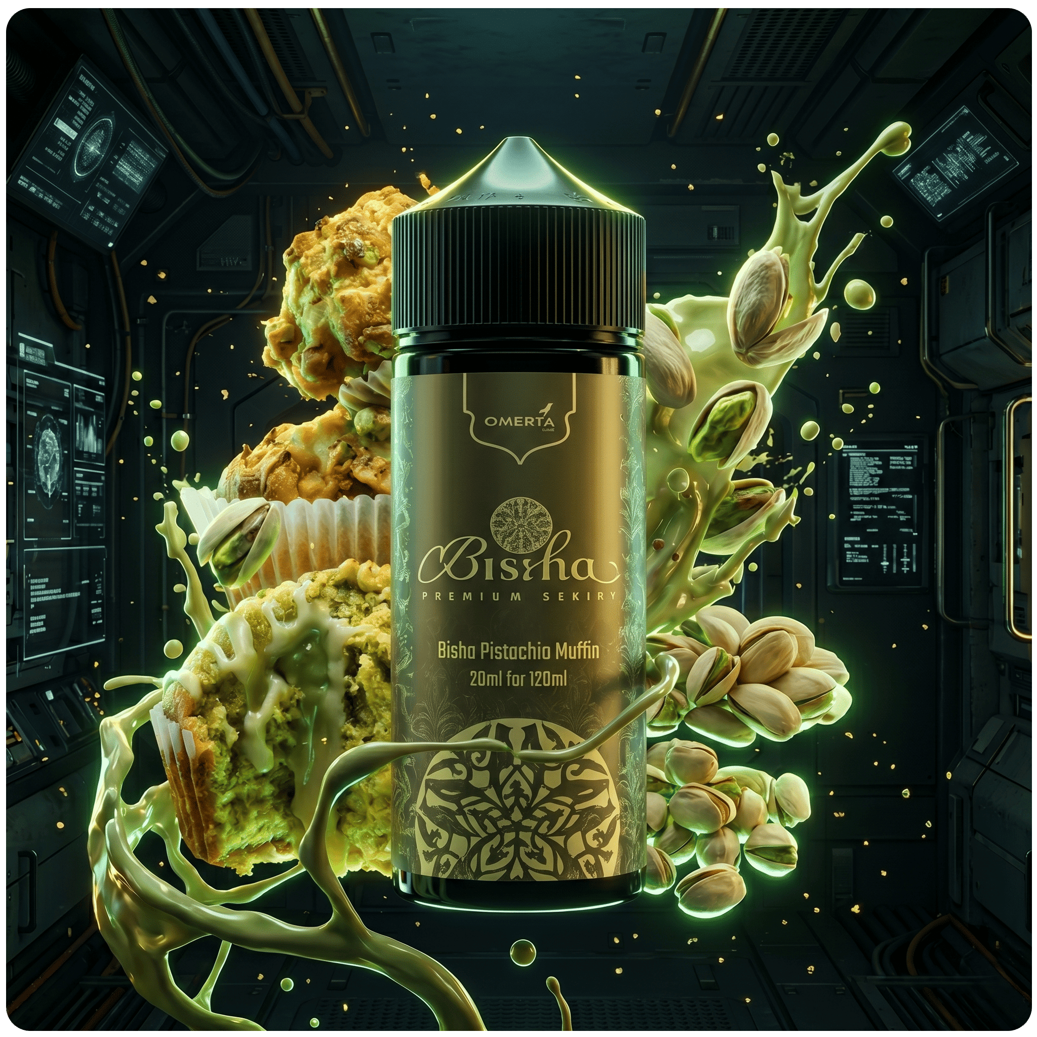 Премиум вейп течност Bisha Pistachio Muffin 20ml в 120ml бутилка, заобиколена от шамфъстък и мъфини