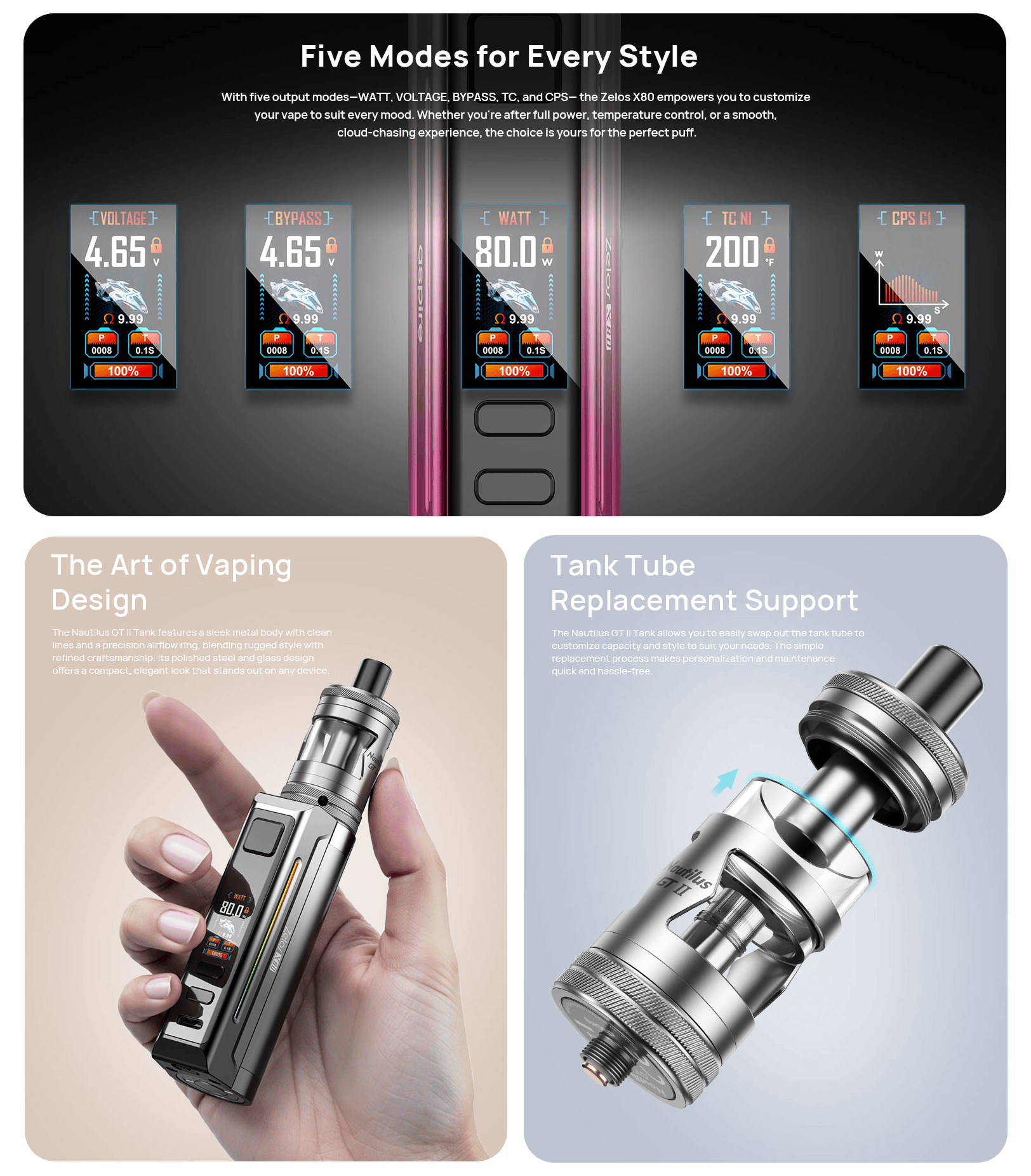 Aspire Zelos X80 + Nautilus GT II 4.5ml Kit 18650 Banner2