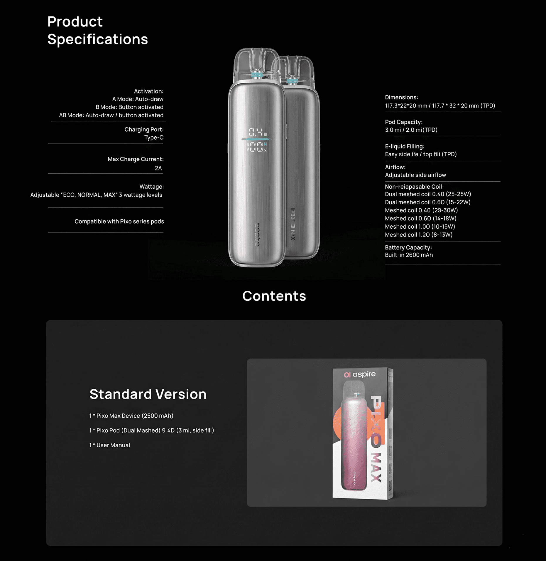 Aspire Pixo Max Pod Kit 2ml 2600mAh Banner7