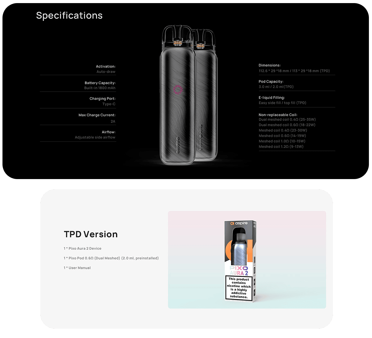Aspire Pixo Aura 2 Pod Kit 2ml / 3ml 1800mAh Banner5