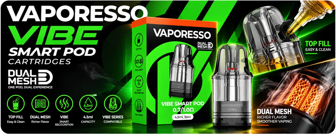 Vaporesso Vibe Dual Mesh Top Fill Smart Pod Cartridges V2 4.5ml Banner